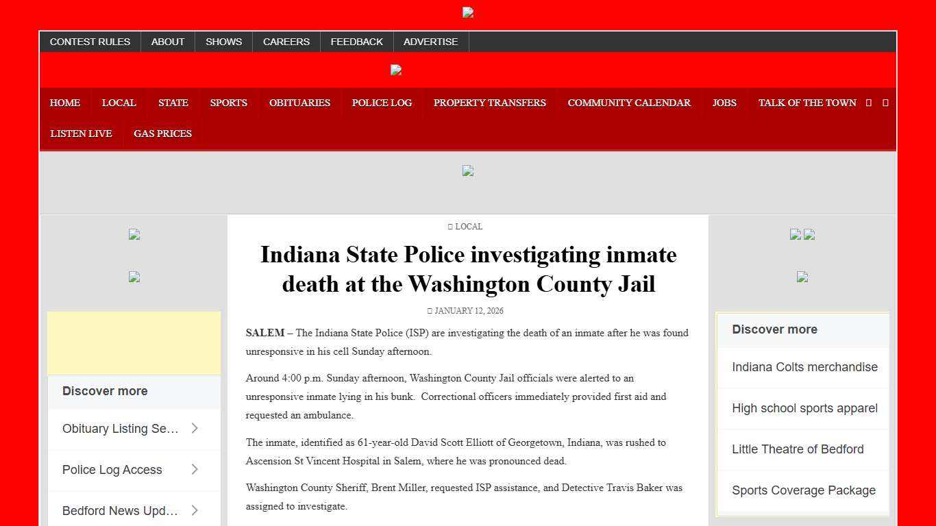 Indiana State Police investigating inmate death at the Washington County Jail WBIW